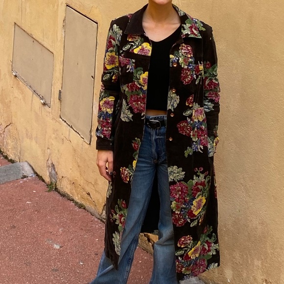 Anthropologie Jackets & Blazers - Gardenia Longline Jacket Black Corduroy Floral Print Anthropologie